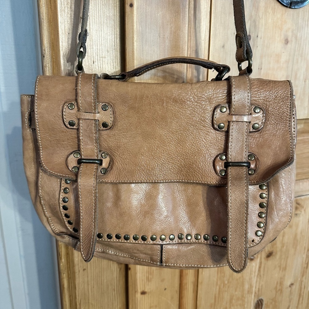 Patricia Nash Studded Tan Leather Crossbody Satchel Bag